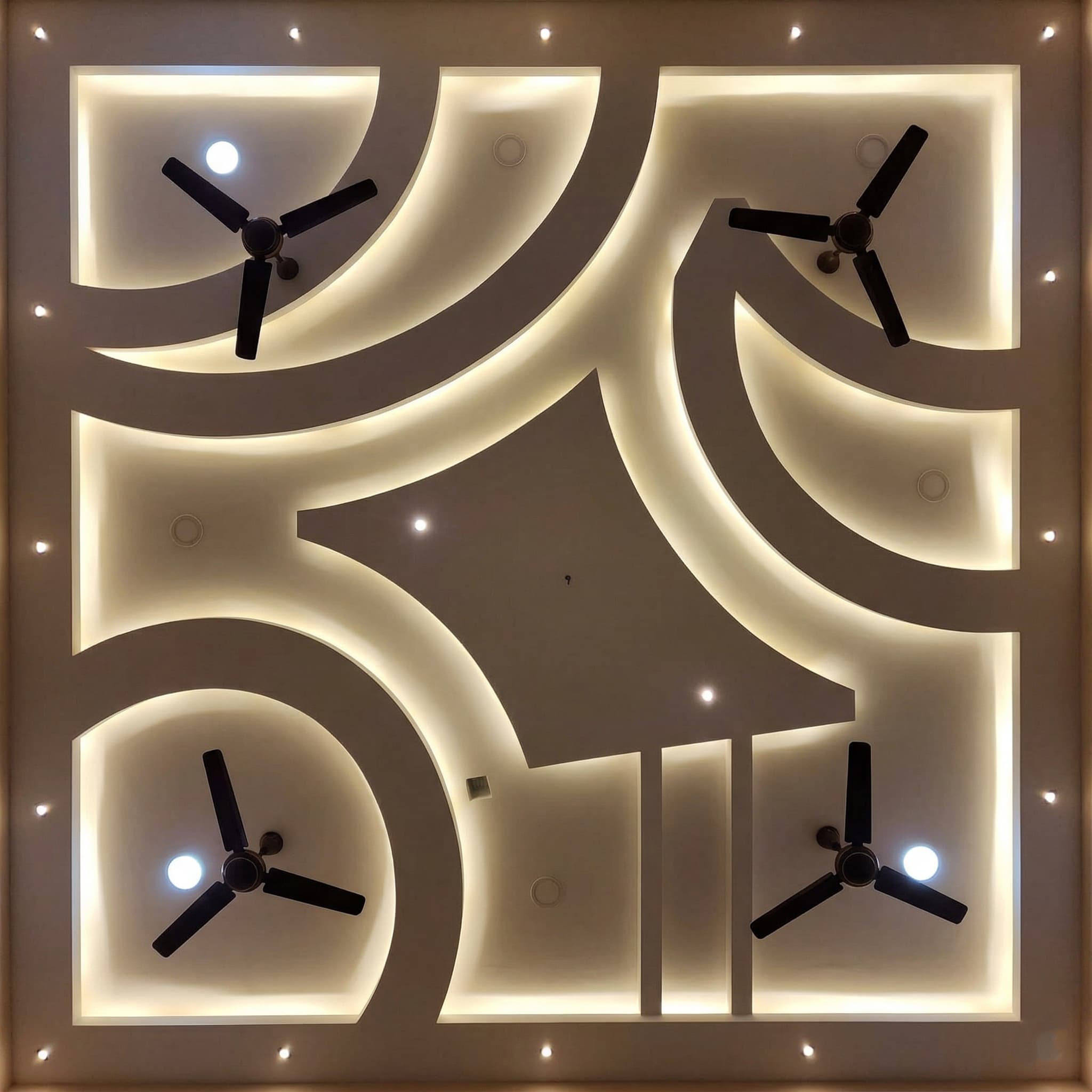 Decorative False Ceiling with Curved LED Patterns